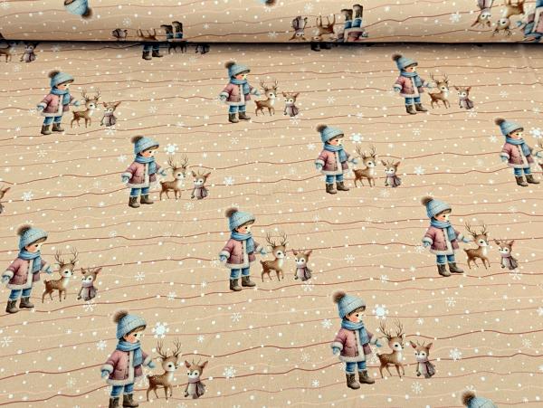 Eigenproduktion Baumwolljersey Winter Kind mit Rehkitzen auf Braunbeige